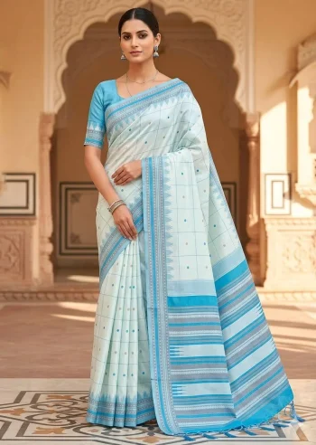 LATEST LICHI SILK JACQUARD WORK SAREE WITH UNSTITCHED BLOUSE SKY