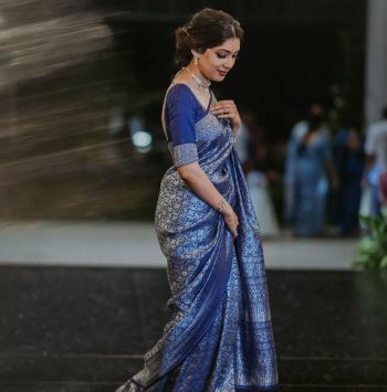 LATEST LICHI SILK JACQUARD WORK SAREE WITH UNSTITCHED BLOUSE BLUE