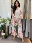 LATEST LINEN COTTON EMBROIDERY SEQUENCE NECK WORK CO-ORD SET RED AND WHITE