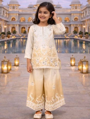 LATEST NATURAL CREPE EMBROIDERY SEQUENCE WORK WITH DIGITAL PRINT WORK KID'S TOP PALAZZO WITH DUPATTA YELLOW