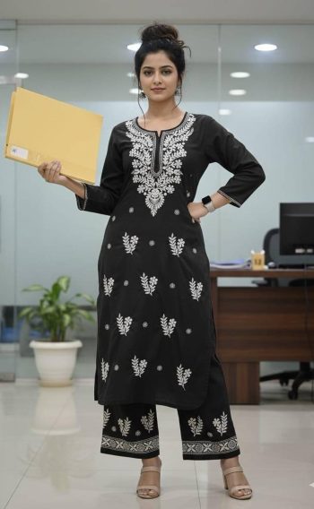 LATEST RAYON COTTON CHIKANKARI WORK KURTI PALAZZO SET BLACK