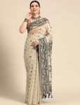 MODERN BANARASI SILK WEAVING WORK SAREE WITH UNSTITCHED BLOUSE OFF WHITE