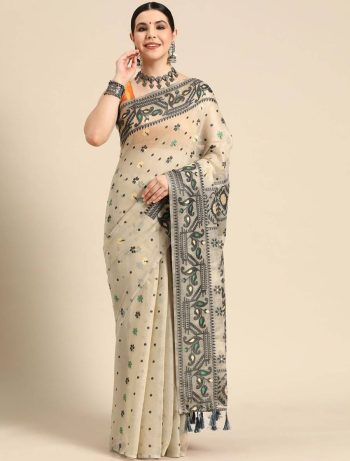 MODERN BANARASI SILK WEAVING WORK SAREE WITH UNSTITCHED BLOUSE OFF WHITE