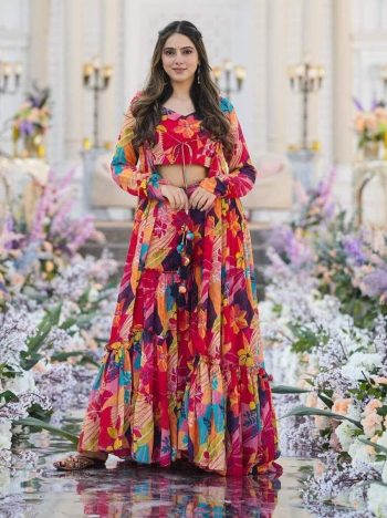 MODERN CHIFFON DIGITAL PRINT WORK SHRUG BLOUSE WITH PALAZZO RANI
