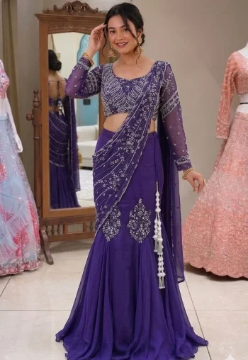 MODERN CHINON EMBROIDERY WORK WITH FANCY LATKAN WORK LEHENGA CHOLI WITH DUPATTA PURPLE