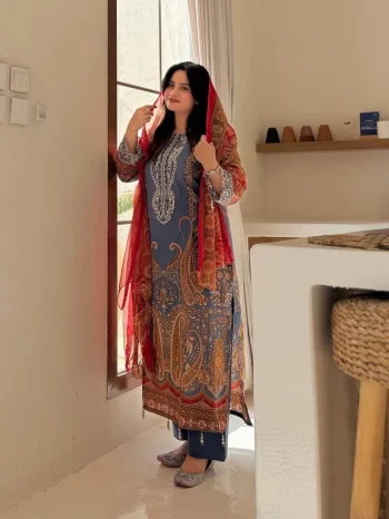 MODERN CHINON PRINT WITH SILVER DIAMOND WORK TOP PALAZZO WITH DUPATTA LAVENDER