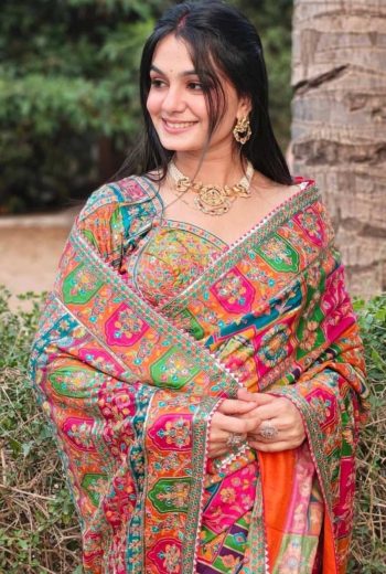 MODERN CHINON SILK DIGITAL PRINT WITH BEAUTIFUL MIRROR HANDWORK SAREE WITH UNSTITCHED BLOUSE MULTI