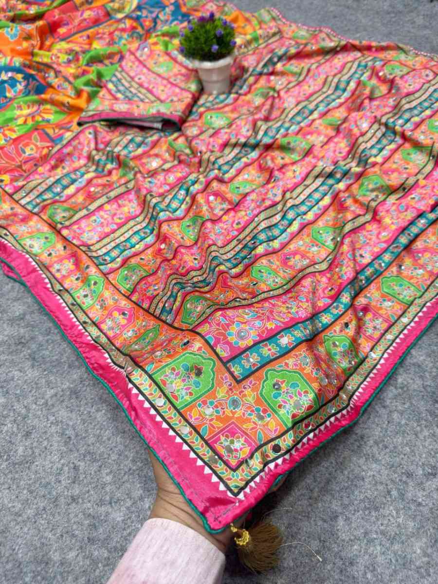 MODERN CHINON SILK DIGITAL PRINT WITH BEAUTIFUL MIRROR HANDWORK SAREE WITH UNSTITCHED BLOUSE PARTY WEAR WHOLESALE PRICE ETHNIC GARMENT (11)