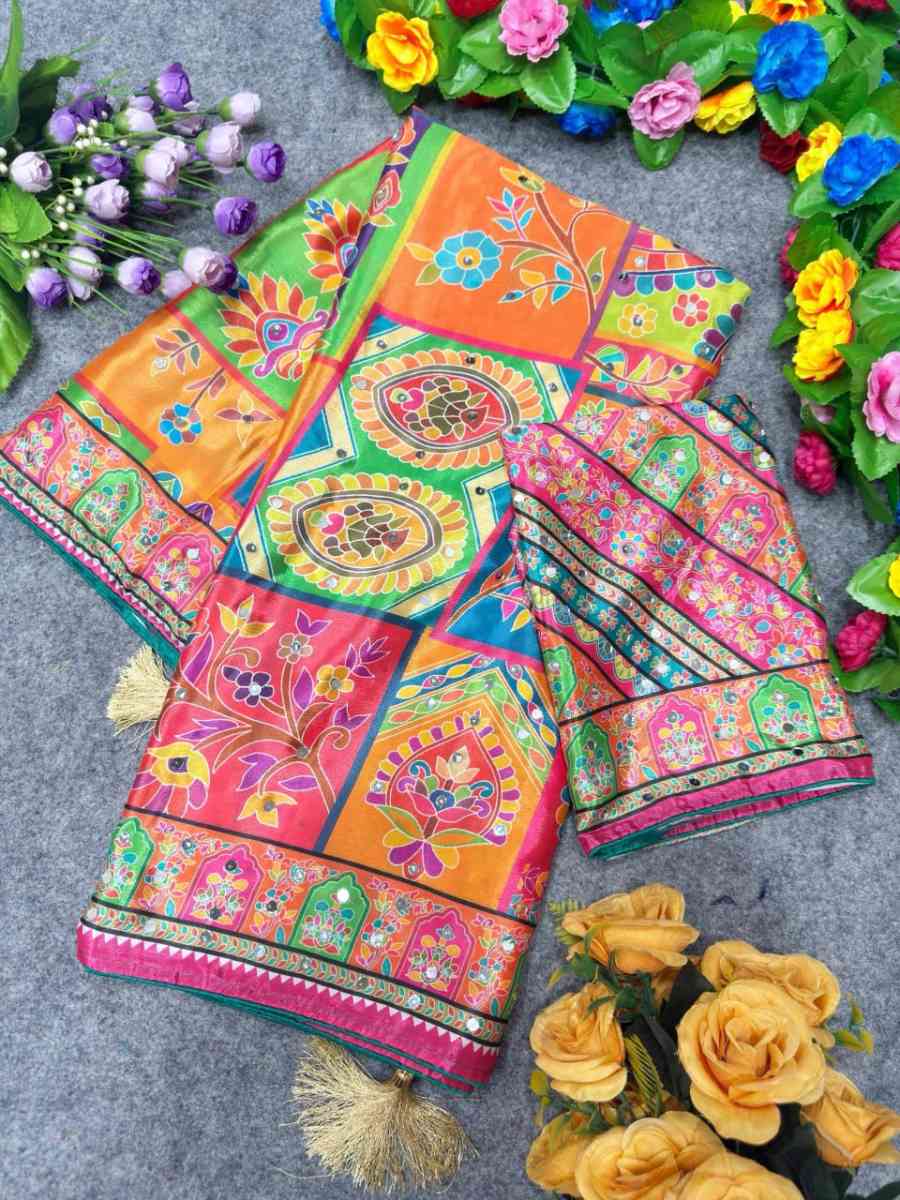 MODERN CHINON SILK DIGITAL PRINT WITH BEAUTIFUL MIRROR HANDWORK SAREE WITH UNSTITCHED BLOUSE PARTY WEAR WHOLESALE PRICE ETHNIC GARMENT (7)