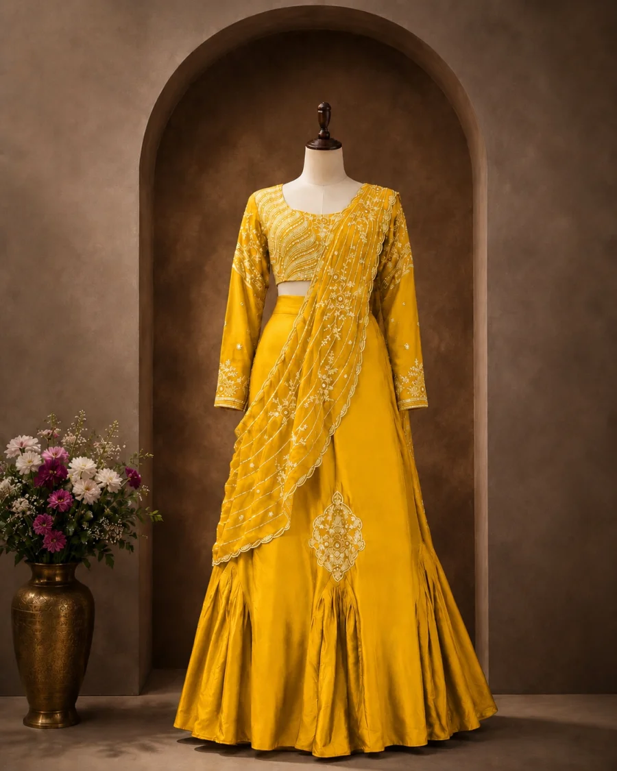 MODERN CHINON SILK MULTI THREAD EMBROIDERY + SEQUENCE WORK LEHENGA SAREE WITH STITCHED BLOUSE PARTY WEAR WHOLESALE PRICE ETHNIC GARMENT (3)