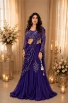 MODERN CHINON SILK MULTI THREAD EMBROIDERY + SEQUENCE WORK  LEHENGA SAREE WITH STITCHED BLOUSE PURPLE