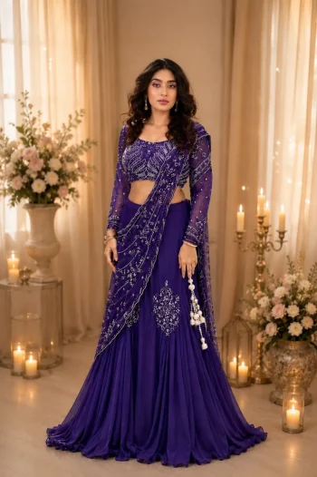 MODERN CHINON SILK MULTI THREAD EMBROIDERY + SEQUENCE WORK LEHENGA SAREE WITH STITCHED BLOUSE PURPLE