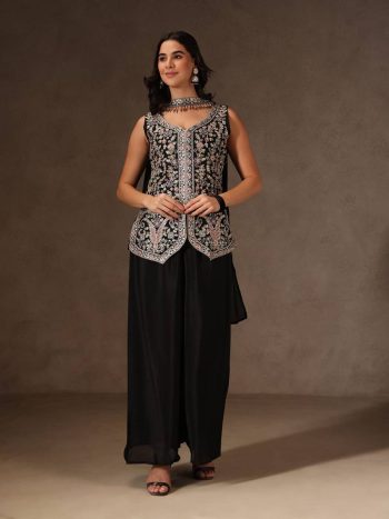 MODERN CHINON SILK SEQUENCE CODING EMBROIDERY WORK TOP PALAZZO WITH DUPATTA BLACK