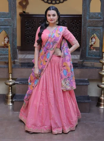 MODERN COSMOS SILK ZARI SEQUENCE EMBROIDERY WORK LEHENGA CHOLI WITH DUPATTA BABY PINK