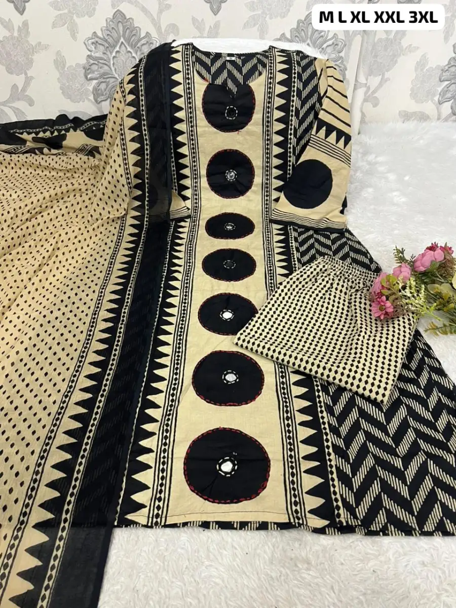 MODERN COTTON AJRAKH MOTIFS PRINT WITH MIRROR AND KANTHA WORK TOP BOTTOM WITH DUPATTA DAILY WEAR WHOLESALE PRICE ETHNIC GARMENT (1)