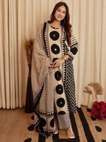 MODERN COTTON AJRAKH MOTIFS PRINT WITH MIRROR AND KANTHA WORK TOP BOTTOM WITH DUPATTA CREAM AND BLACK