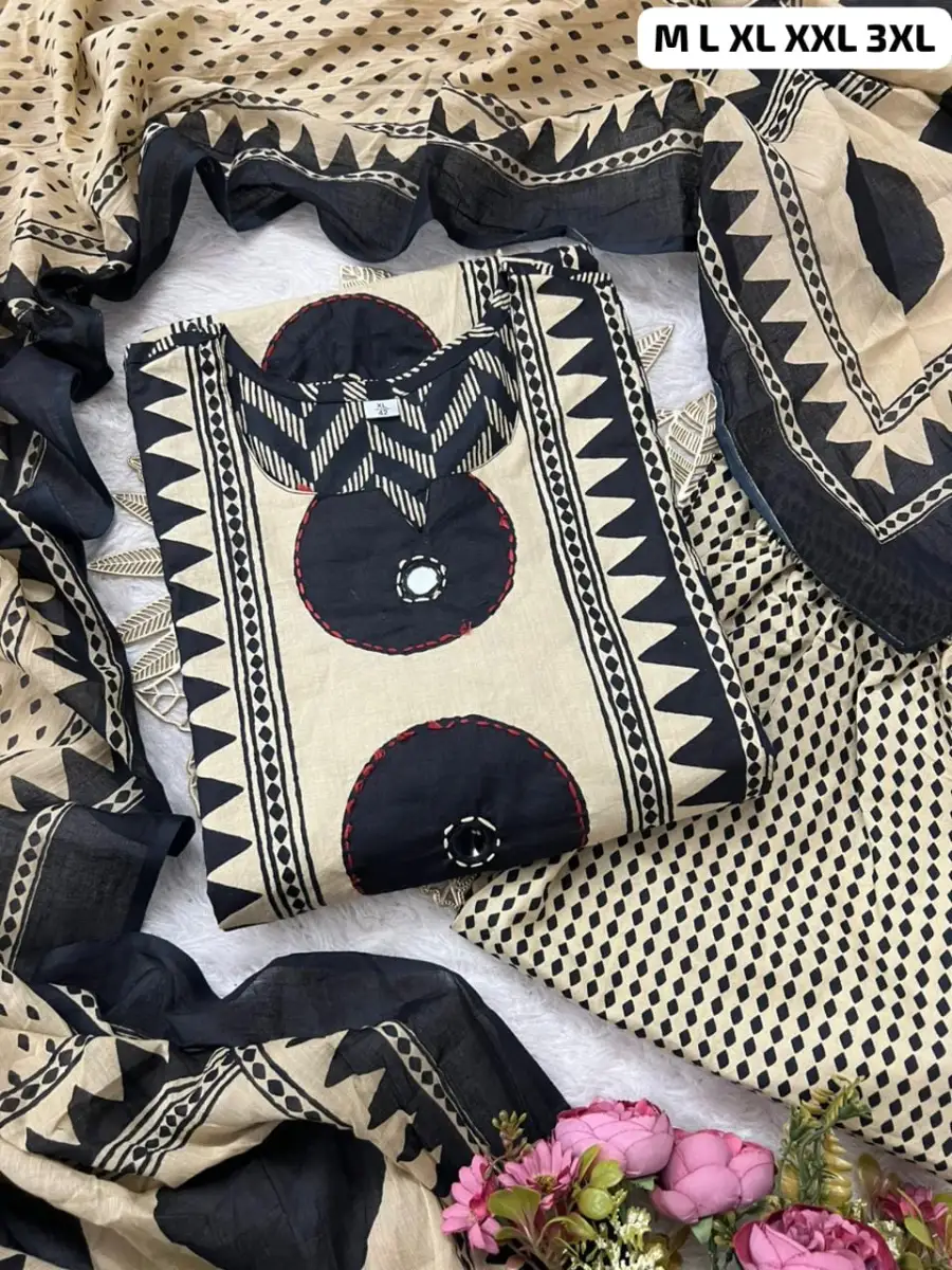MODERN COTTON AJRAKH MOTIFS PRINT WITH MIRROR AND KANTHA WORK TOP BOTTOM WITH DUPATTA DAILY WEAR WHOLESALE PRICE ETHNIC GARMENT (9)