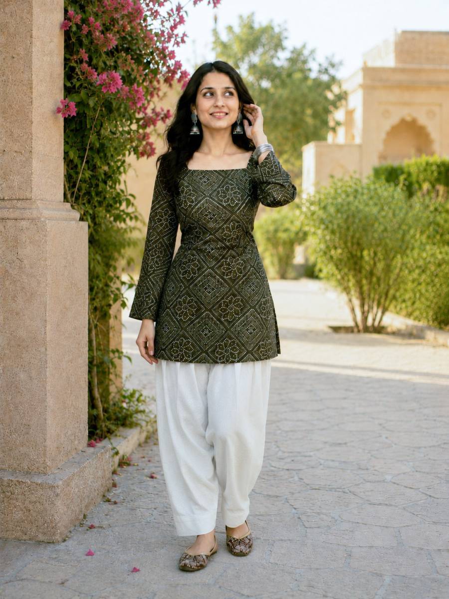 MODERN COTTON BANDHEJ PRINT WORK TOP PATIYALA SET DAILY WEAR WHOLESALE PRICE ETHNIC GARMENT (10)