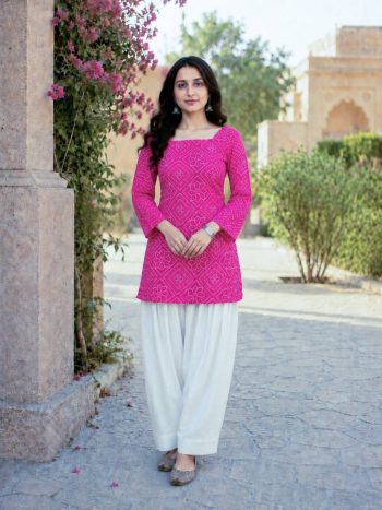 MODERN COTTON BANDHEJ PRINT WORK TOP PATIYALA SET PINK