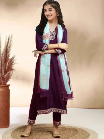 MODERN COTTON EMBROIDERY WORK KID'S TOP BOTTOM WITH DUPATTA WINE