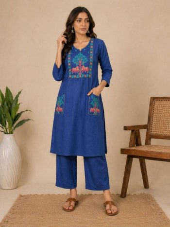 MODERN COTTON EMBROIDERY WORK TOP PENT SET BLUE
