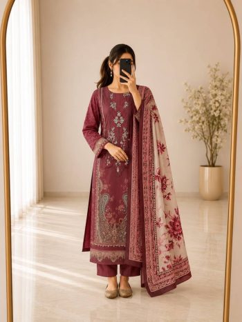 MODERN COTTON PRINT WITH EMBROIDERY SEQUENCE WORK TOP BOTTOM WITH DUPATTA MAROON