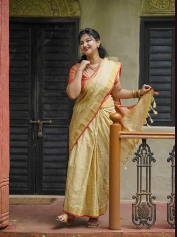 MODERN COTTON SILK WEAVING WORK SAREE WITH UNSTITCHED BLOUSE CREAM
