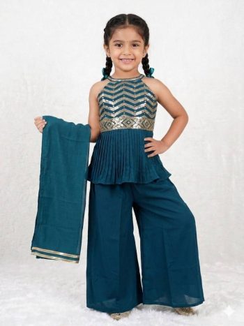 MODERN CREPE SEQUENCE  EMBROIDERED WORK KID'S TOP PALAZZO WITH DUPATTA SET TEAL