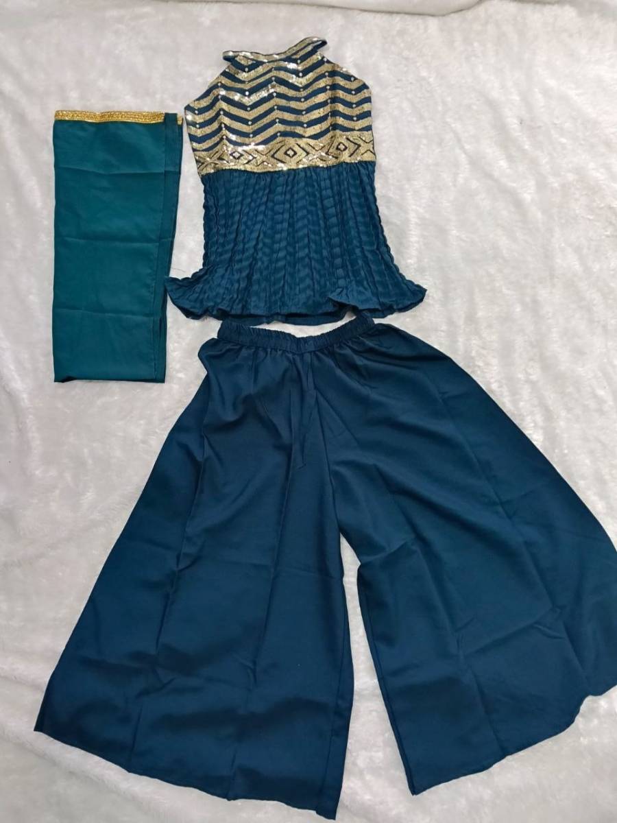 MODERN CREPE SEQUENCE EMBROIDERED WORK KID'S TOP PALAZZO WITH DUPATTA SET FESTIVE WEAR WHOLESALE PRICE ETHNIC GARMENT (3)