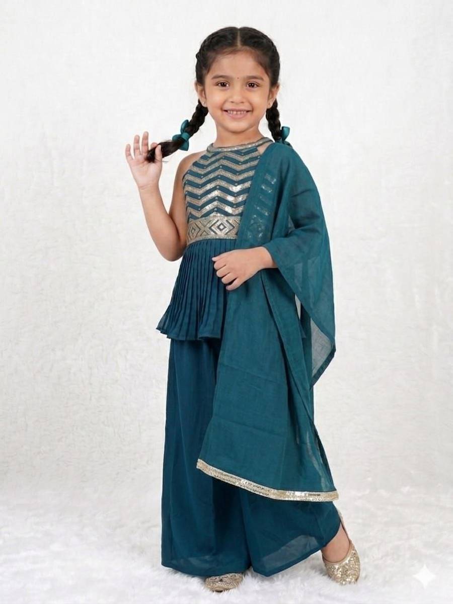 MODERN CREPE SEQUENCE EMBROIDERED WORK KID'S TOP PALAZZO WITH DUPATTA SET FESTIVE WEAR WHOLESALE PRICE ETHNIC GARMENT (4)