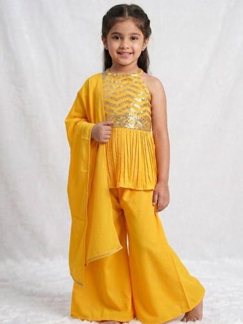MODERN CREPE SEQUENCE  EMBROIDERED WORK KID'S TOP PALAZZO WITH DUPATTA SET YELLOW