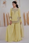 MODERN CREPE SILK EMBROIDERY SEQUENCE WORK WITH APPLE CUT WORK TOP PALAZZO WITH DUPATTA WEDDING WEAR WHOLESALE PRIC ETHNIC GARMENT (9)