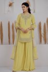MODERN CREPE SILK EMBROIDERY SEQUENCE WORK WITH APPLE CUT WORK TOP PALAZZO WITH DUPATTA LIGHT YELLOW