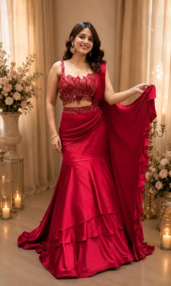MODERN CREPE SILK MULTI THREAD EMBROIDERY SEQUENCE WORK LEHENGA SAREE RED