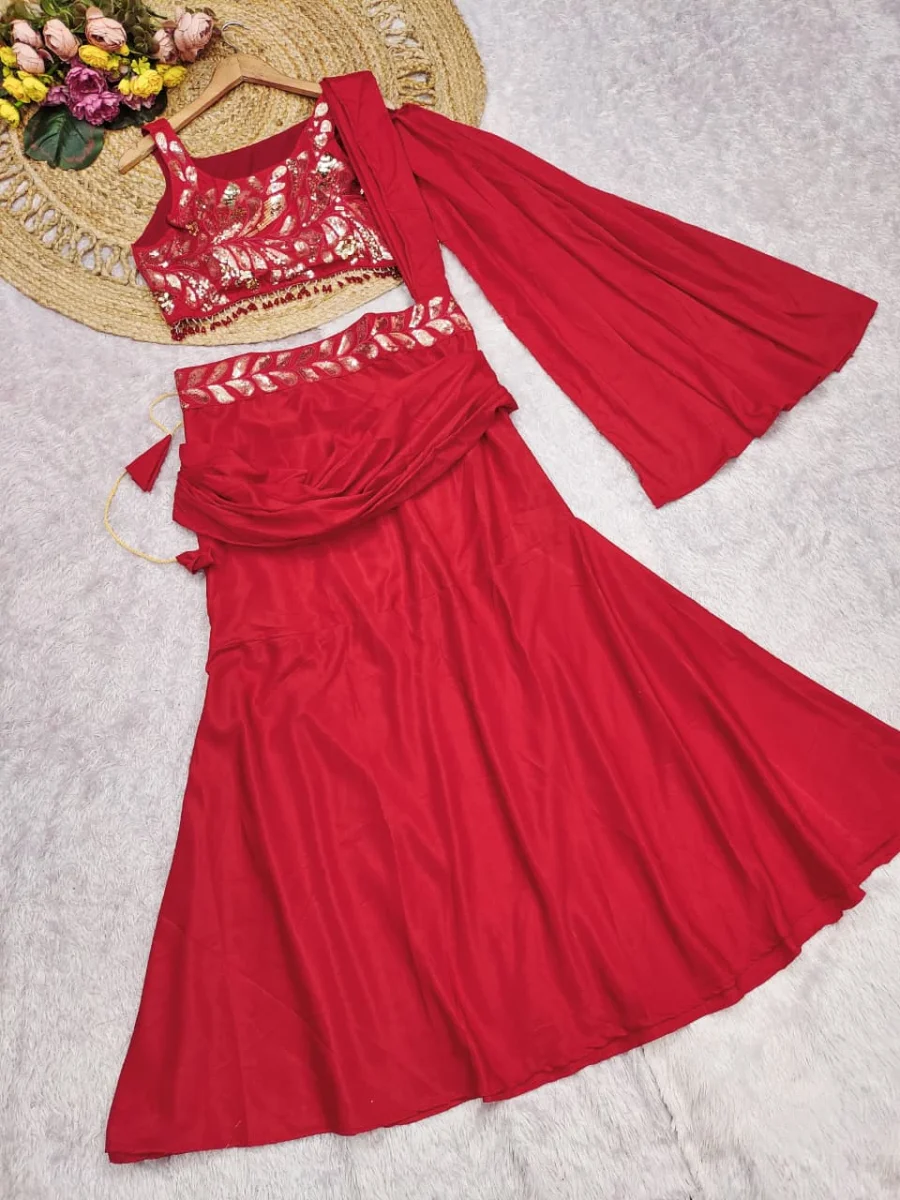 MODERN CREPE SILK MULTI THREAD EMBROIDERY SEQUENCE WORK LEHENGA SAREE PARTY WEAR WHOLESALE PRICE ETHNIC GARMENT (4)