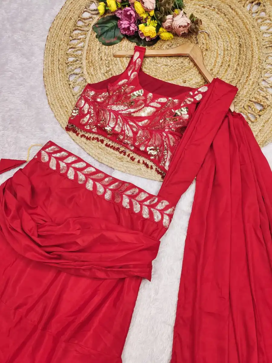 MODERN CREPE SILK MULTI THREAD EMBROIDERY SEQUENCE WORK LEHENGA SAREE PARTY WEAR WHOLESALE PRICE ETHNIC GARMENT (5)