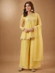 MODERN CRUNCHY SILK EMBROIDERY WORK TOP PALAZZO WITH DUPATTA LIGHT YELLOW