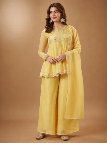 MODERN CRUNCHY SILK EMBROIDERY WORK TOP PALAZZO WITH DUPATTA LIGHT YELLOW