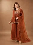 MODERN CRUNCHY SILK EMBROIDERY WORK TOP PALAZZO WITH DUPATTA ORANGE
