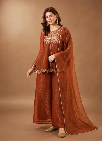 MODERN CRUNCHY SILK EMBROIDERY WORK TOP PALAZZO WITH DUPATTA ORANGE