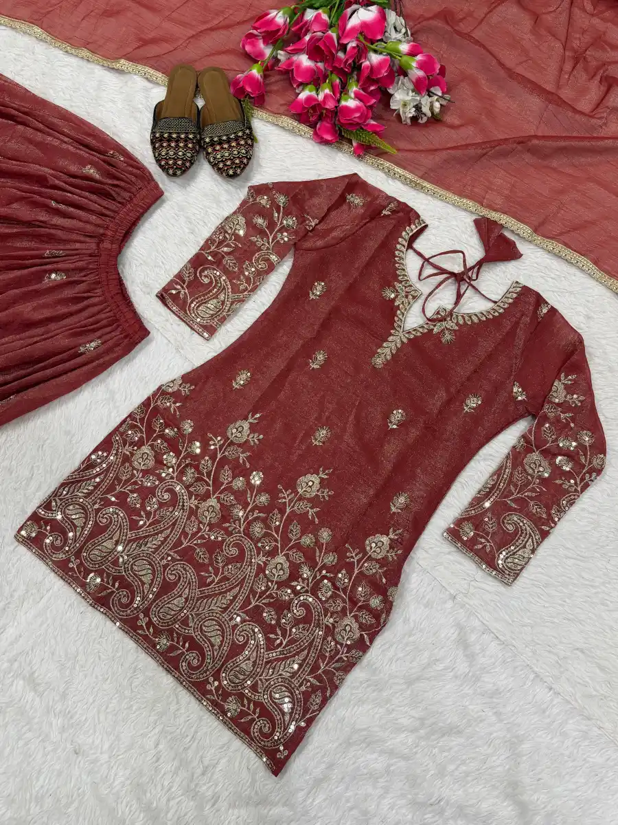 MODERN CRUNCHY SILK SEQUENCE EMBROIDERY WORK TOP PALAZZO WITH DUPATTA WEDDING WEAR WHOLESALE PRICE ETHNIC GARMENT (10)