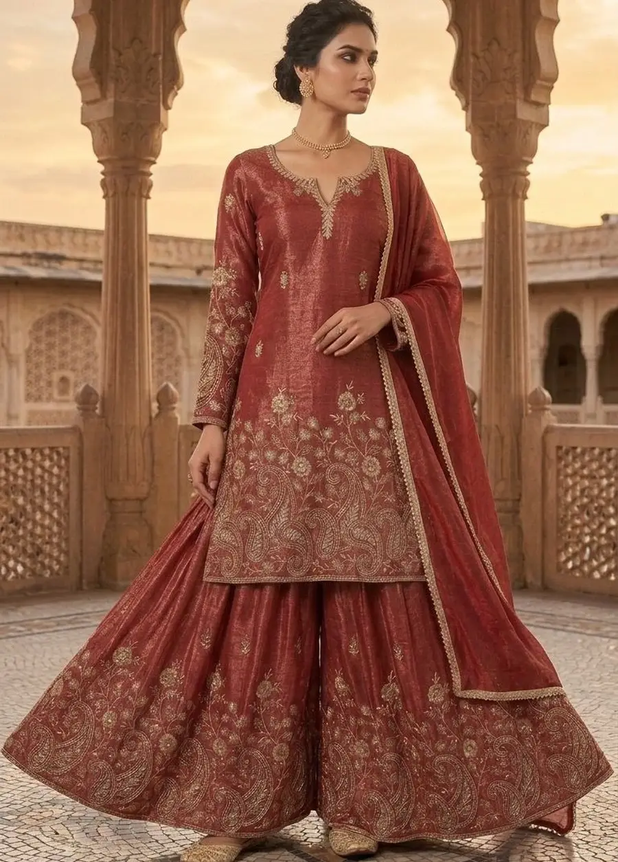 MODERN CRUNCHY SILK SEQUENCE EMBROIDERY WORK TOP PALAZZO WITH DUPATTA WEDDING WEAR WHOLESALE PRICE ETHNIC GARMENT (2)