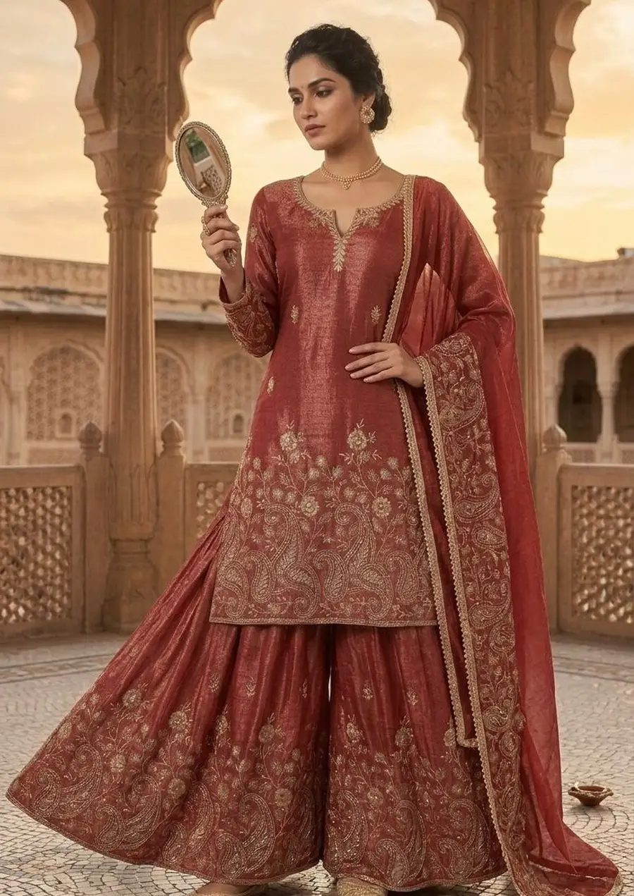 MODERN CRUNCHY SILK SEQUENCE EMBROIDERY WORK TOP PALAZZO WITH DUPATTA WEDDING WEAR WHOLESALE PRICE ETHNIC GARMENT (5)