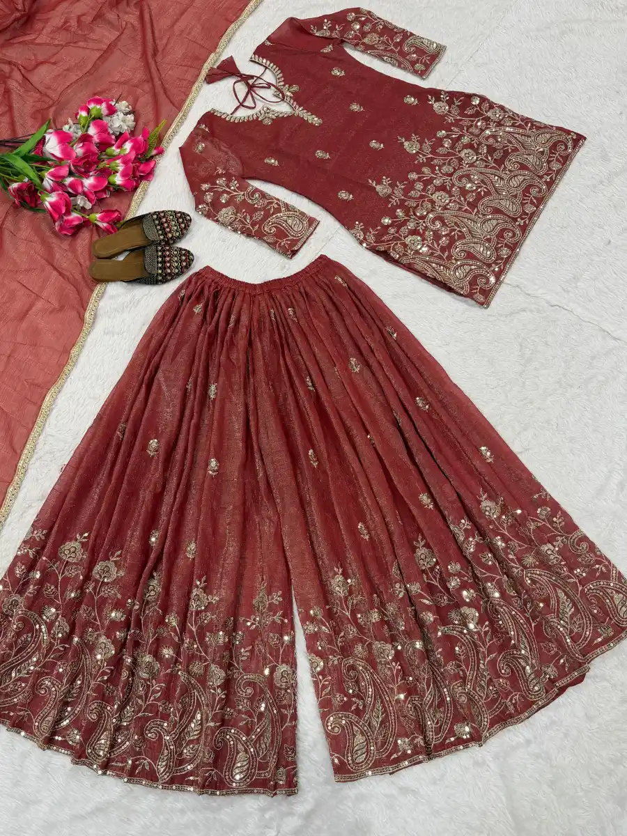 MODERN CRUNCHY SILK SEQUENCE EMBROIDERY WORK TOP PALAZZO WITH DUPATTA WEDDING WEAR WHOLESALE PRICE ETHNIC GARMENT (9)