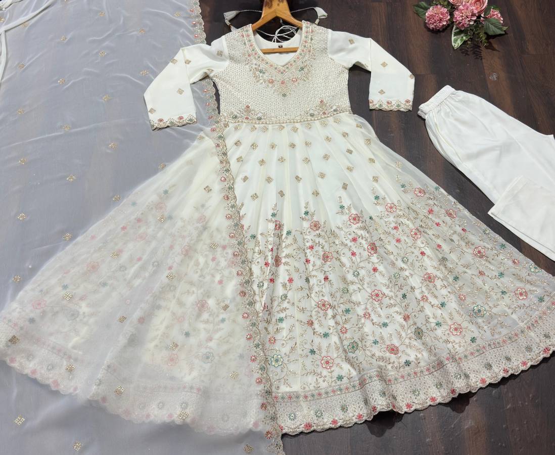 MODERN FAUX BLOOMING SEQUENCE & ZARI THREAD EMBROIDERY WORK GOWN BOTTOM WITH DUPATTA WEDDING WEAR WHOLESALE PRICE ETHNIC GARMENT (13)