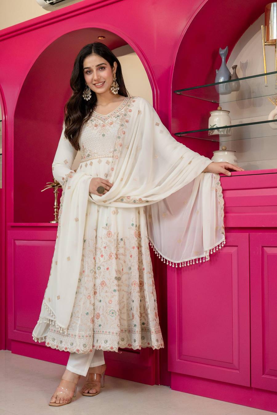 MODERN FAUX BLOOMING SEQUENCE & ZARI THREAD EMBROIDERY WORK GOWN BOTTOM WITH DUPATTA WEDDING WEAR WHOLESALE PRICE ETHNIC GARMENT (6)