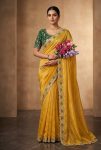 MODERN FENDY SATIN SILK SEQUENCE AND ZARI EMBROIDERY WITH CUTWORK BORDER SAREE WITH STITCHED BLOUSE YELLOW