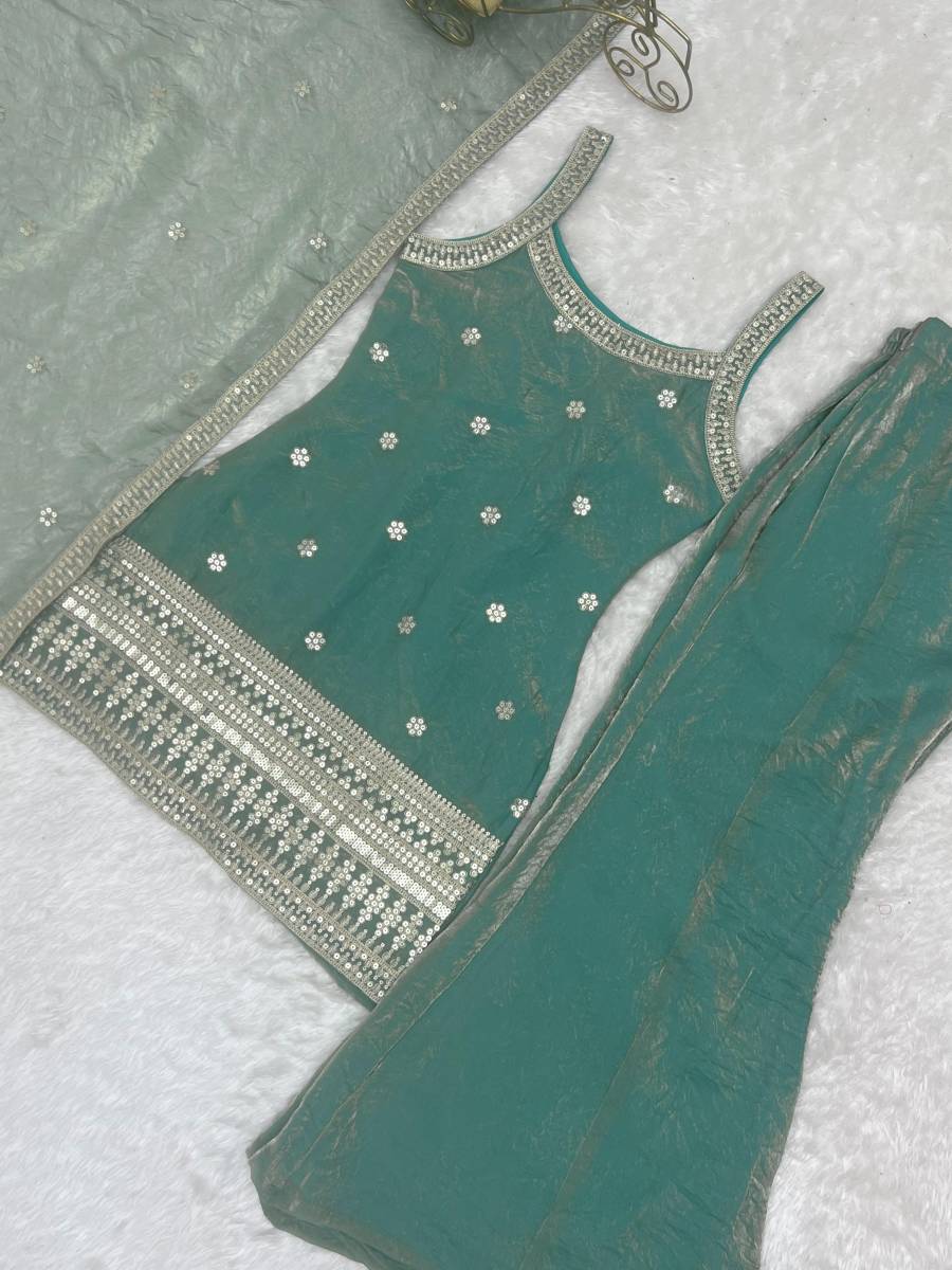 MODERN FENDY SILK EMBROIDERY SEQUENCE DORI AND JARI WORK TOP PALAZZO WITH DUPATTA FESTIVE WEAR WHOLESALE PRICE ETHNIC GARMENT (11)