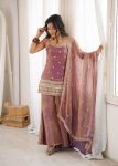 MODERN FENDY SILK EMBROIDERY SEQUENCE DORI AND JARI WORK TOP PALAZZO WITH DUPATTA DUSTY ROSE