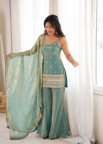 MODERN FENDY SILK EMBROIDERY SEQUENCE DORI AND JARI WORK TOP PALAZZO WITH DUPATTA SEA GREEN